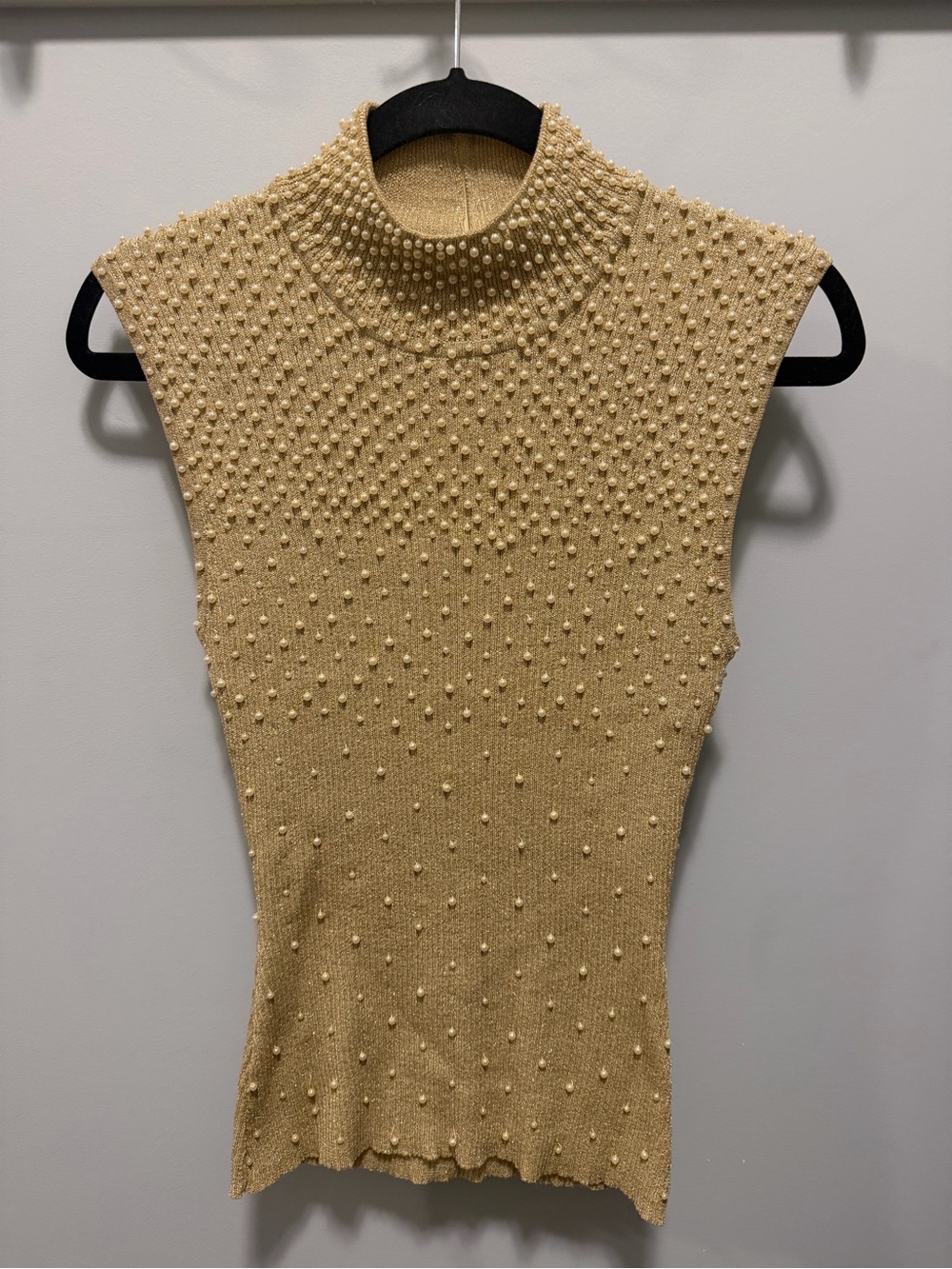 Pearl-Embellished Sleeveless Mock Neck Top in Gold